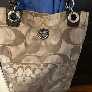 Coach Alex 14449 Signature Sateen Tan Brown Patent Leather Tote Shoulder Bag